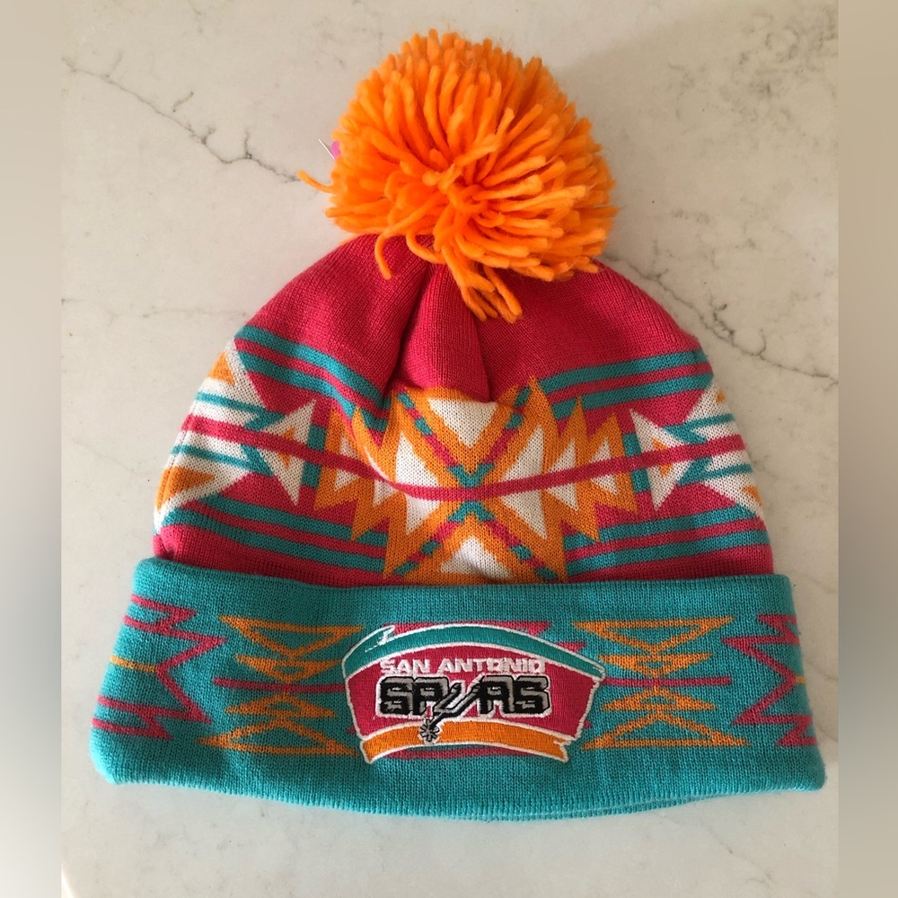 Mitchell & Ness San Antonio Spurs Teal Fiesta Colors Pom Knit Beanie Winter Hat